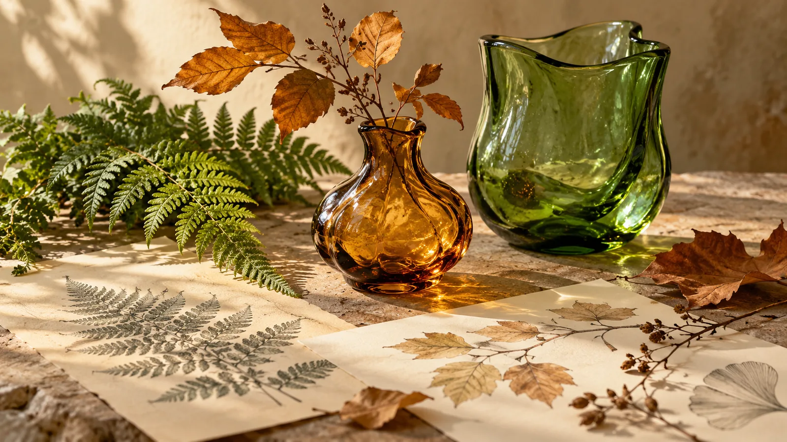 Composition vases ambre et vert, fougère et dessins botaniques.