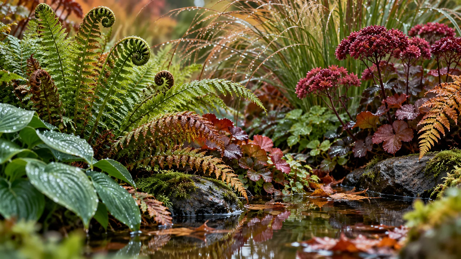 Gestaltete Pflanzenkomposition mit Farnen, weinroten Blüten und Wasserspiegelungen.
