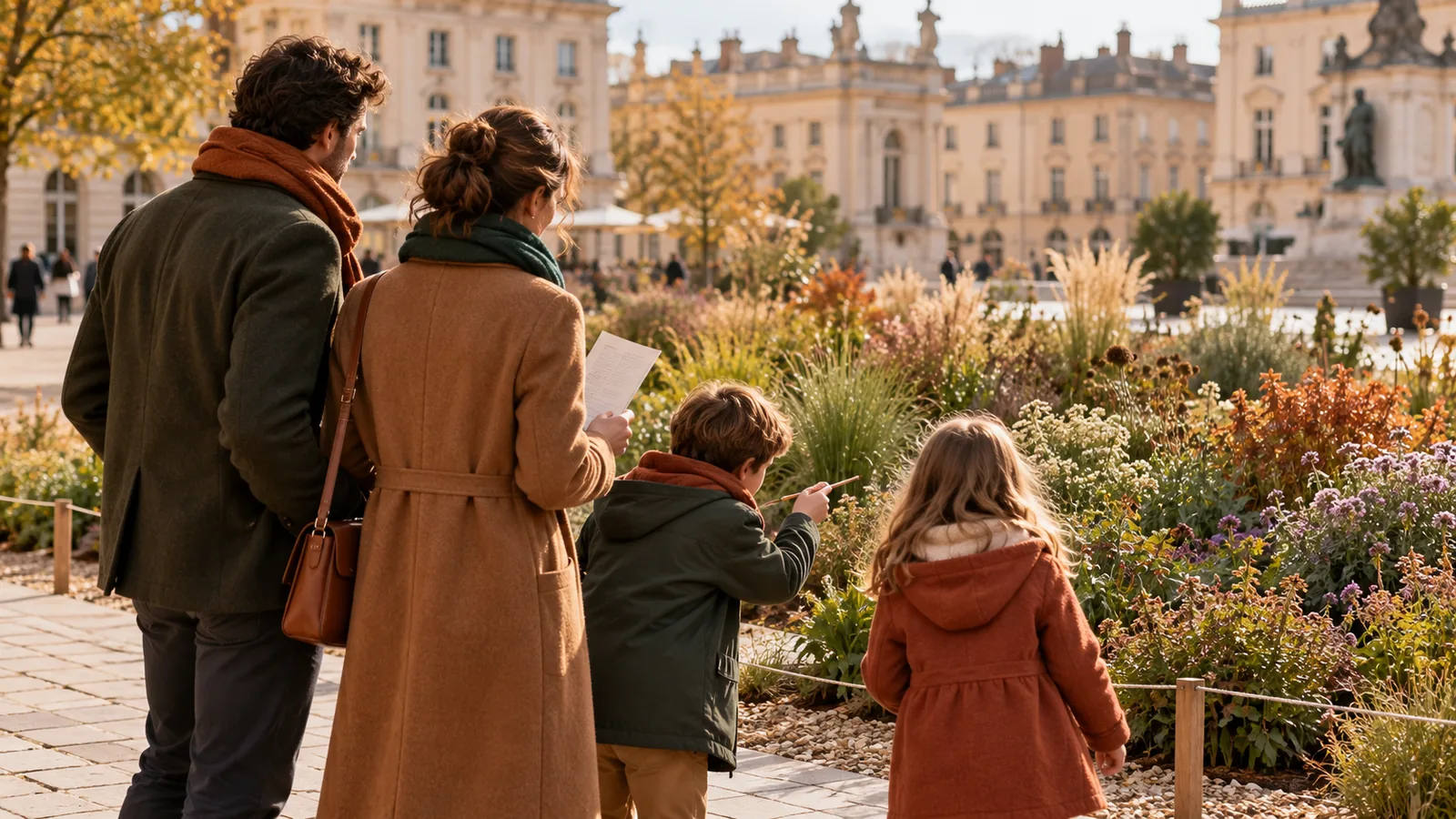 Scène créée d’une famille observant les plantes d’un jardin urbain en automne.