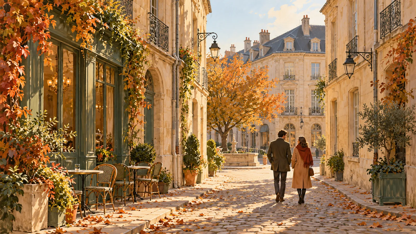 Imaginäre Altstadtstraße mit hellen Fassaden, Herbstlaub und einem spazierenden Paar.