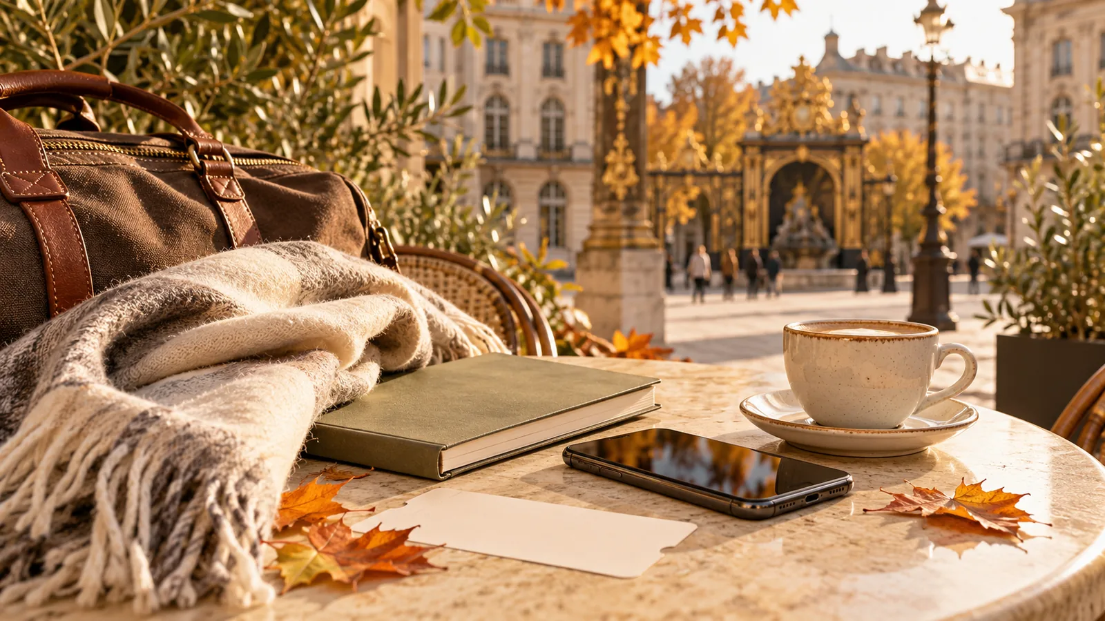 Composition de voyage d’automne avec sac, écharpe, carnet, téléphone et tasse.