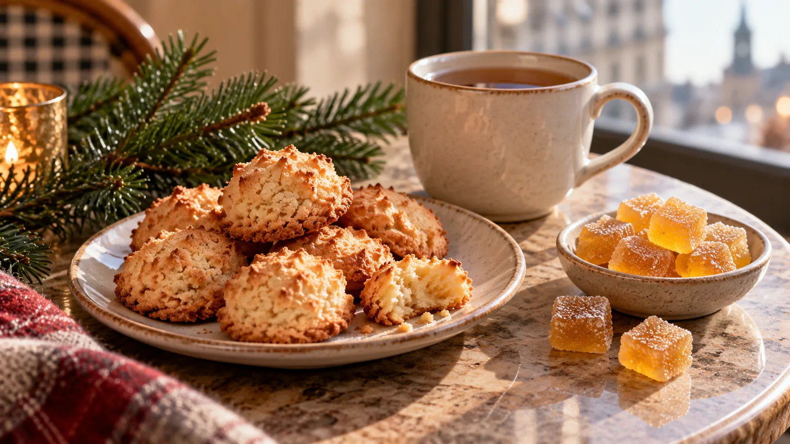 Gemaakt stilleven met koekjes, snoepjes en een warme drank.