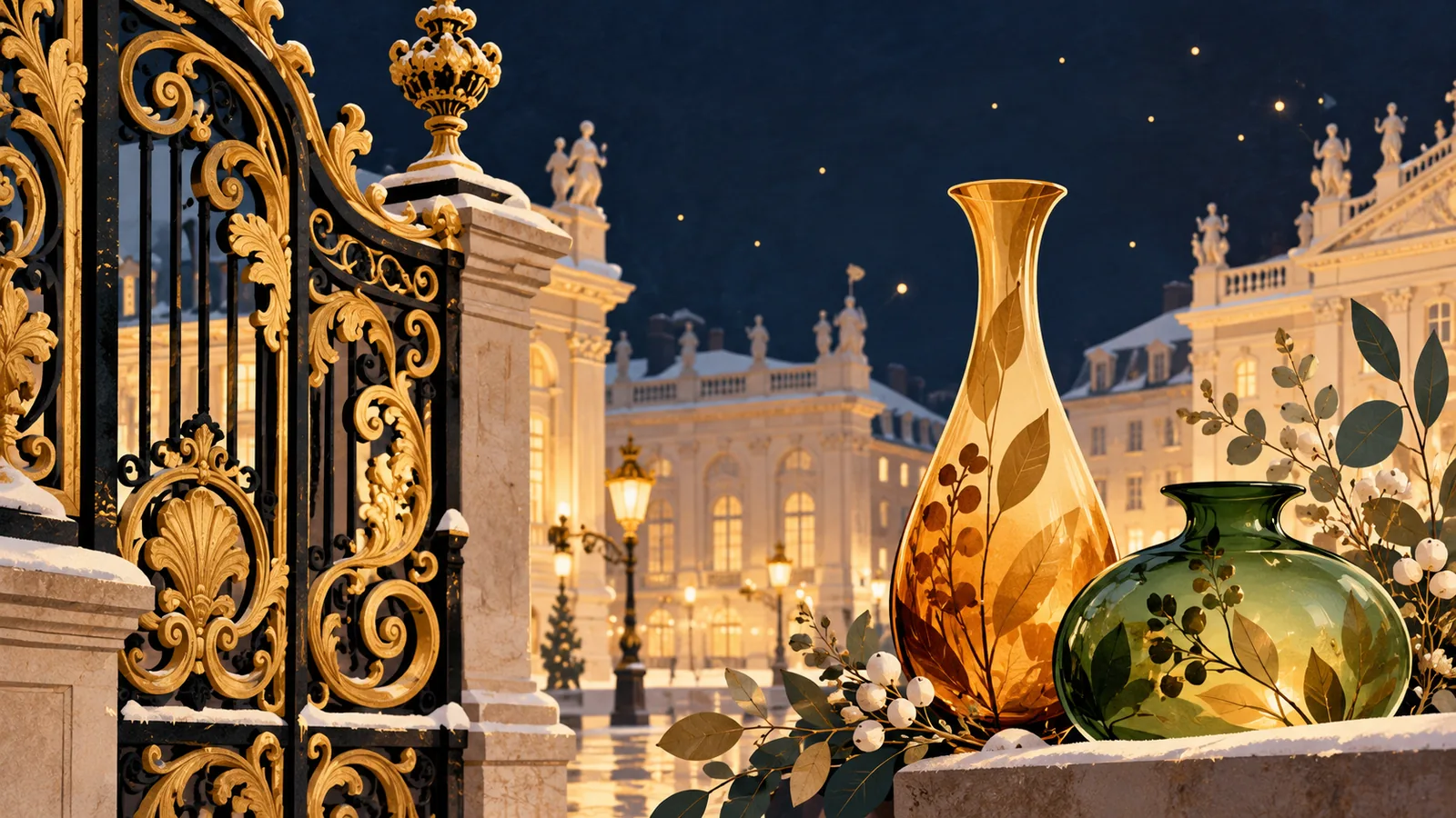 Associant ferronnerie dorée, architecture classique et vases aux motifs végétaux.