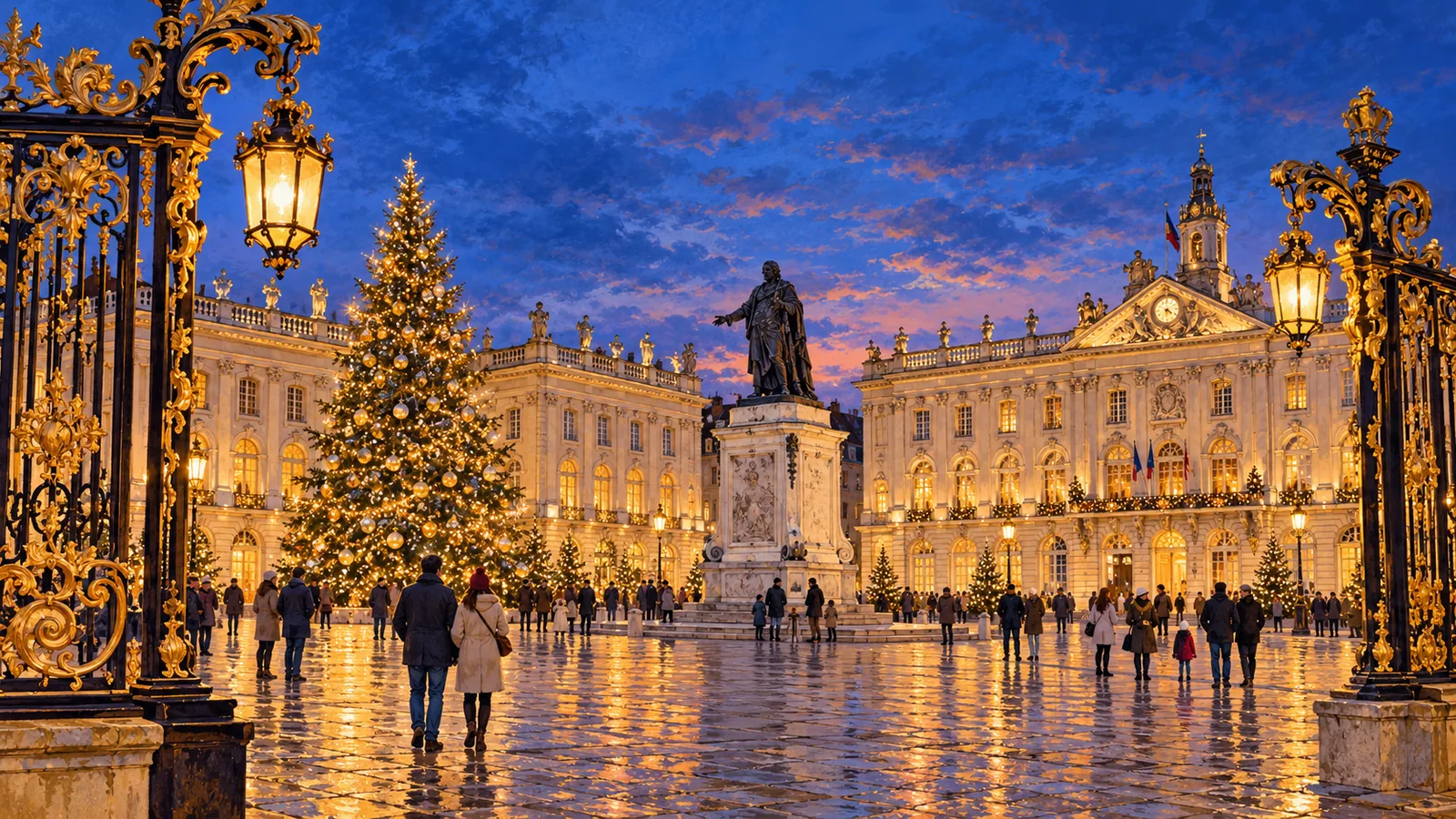 Der Place Stanislas mit Weihnachtsbaum und warmen Lichtern.