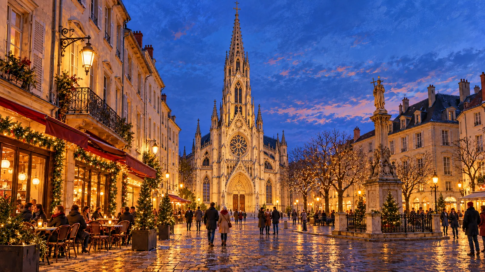 Eines Altstadtplatzes mit Kirche und winterlichen Lichtern.