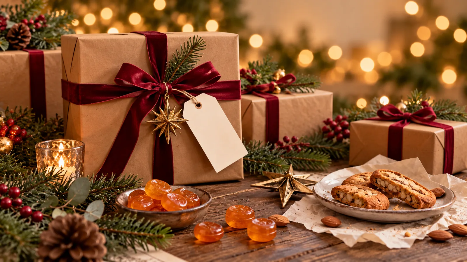Composition de cadeaux emballés, rubans bordeaux, branches de sapin et douceurs.