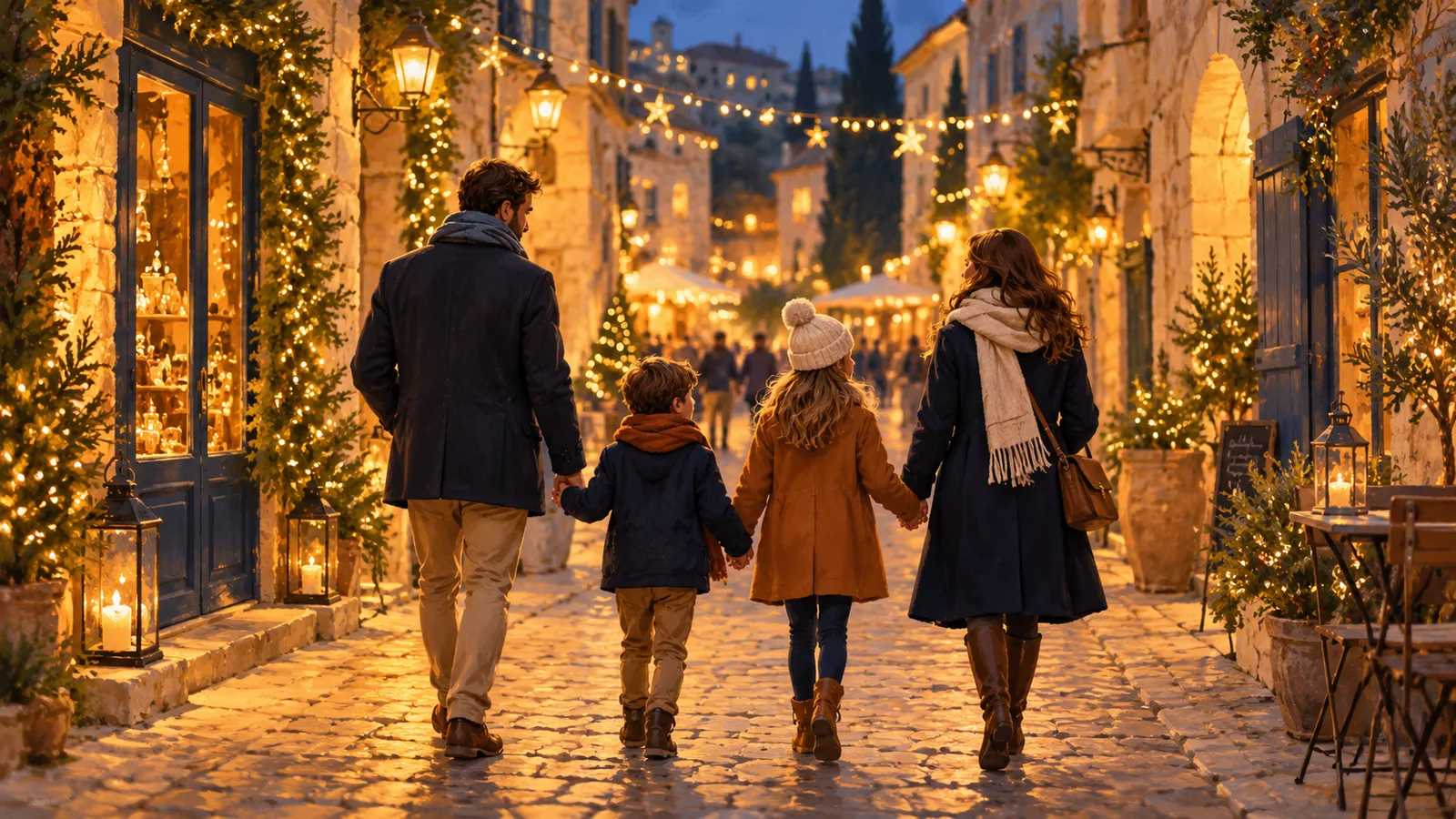 D’une famille avec deux enfants en promenade dans une rue festive.