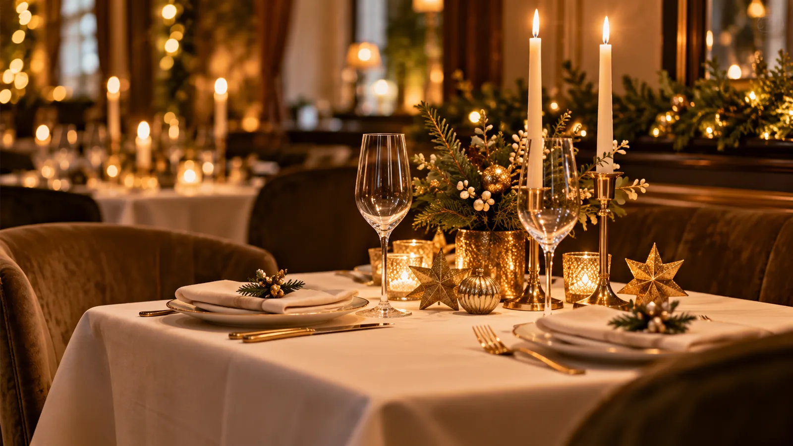 Gestaltete Festtafel mit zwei Gedecken, Gläsern, Kerzen und goldenen Details.