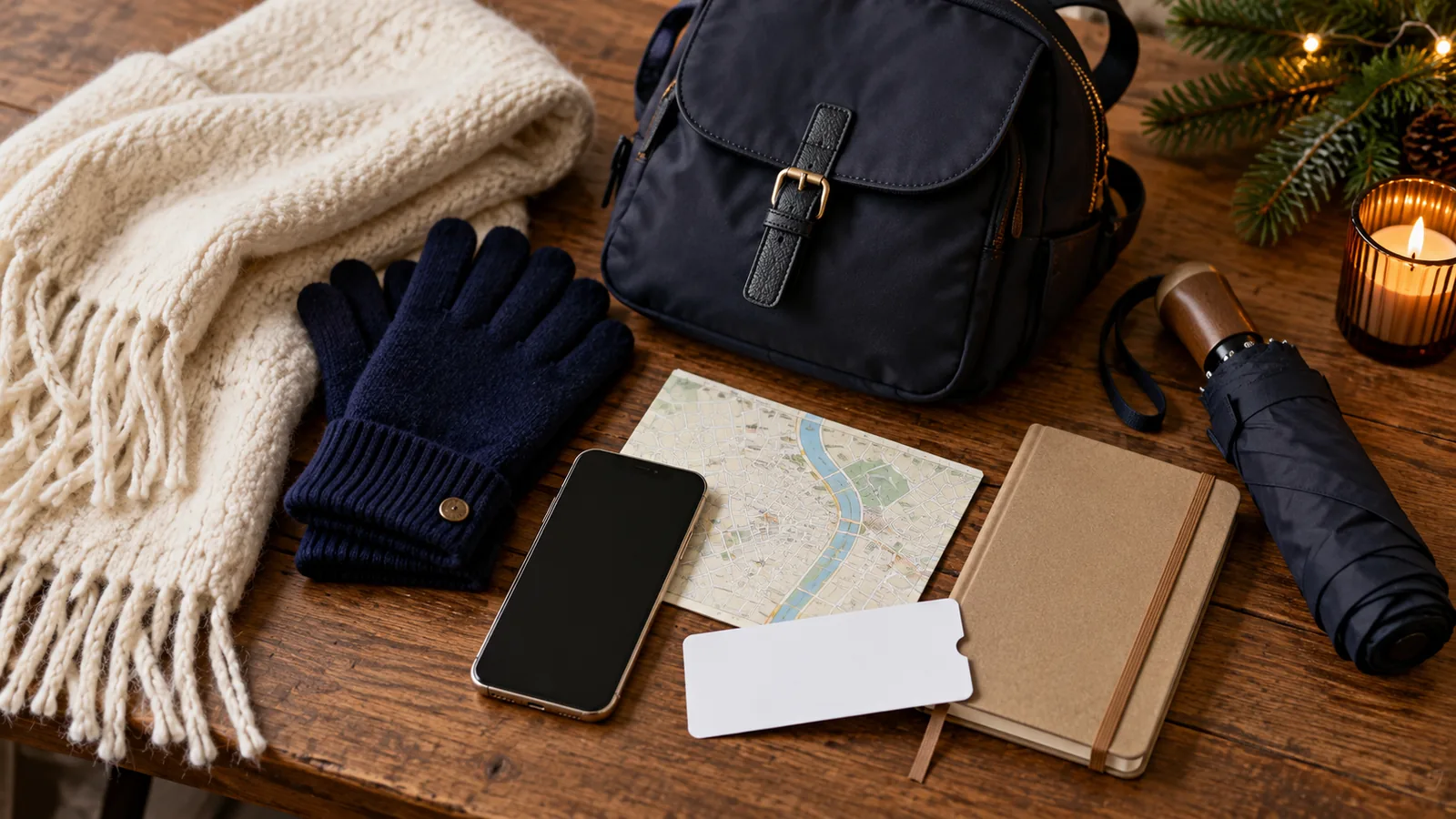 Composition de voyage avec écharpe, gants, sac, parapluie et téléphone.
