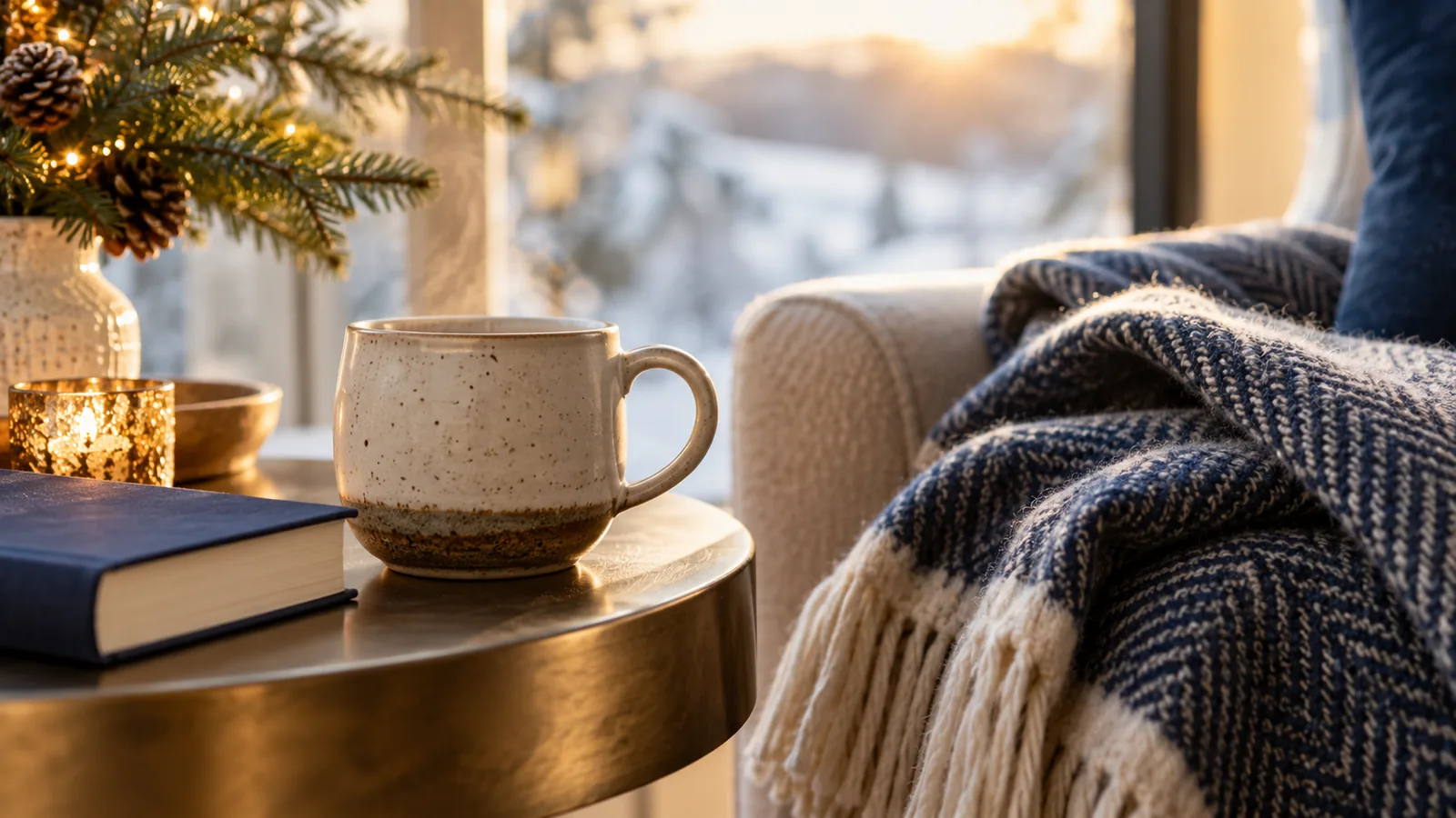 Ambiance d’hiver tasse, livre fermé et couverture près d’une fenêtre.